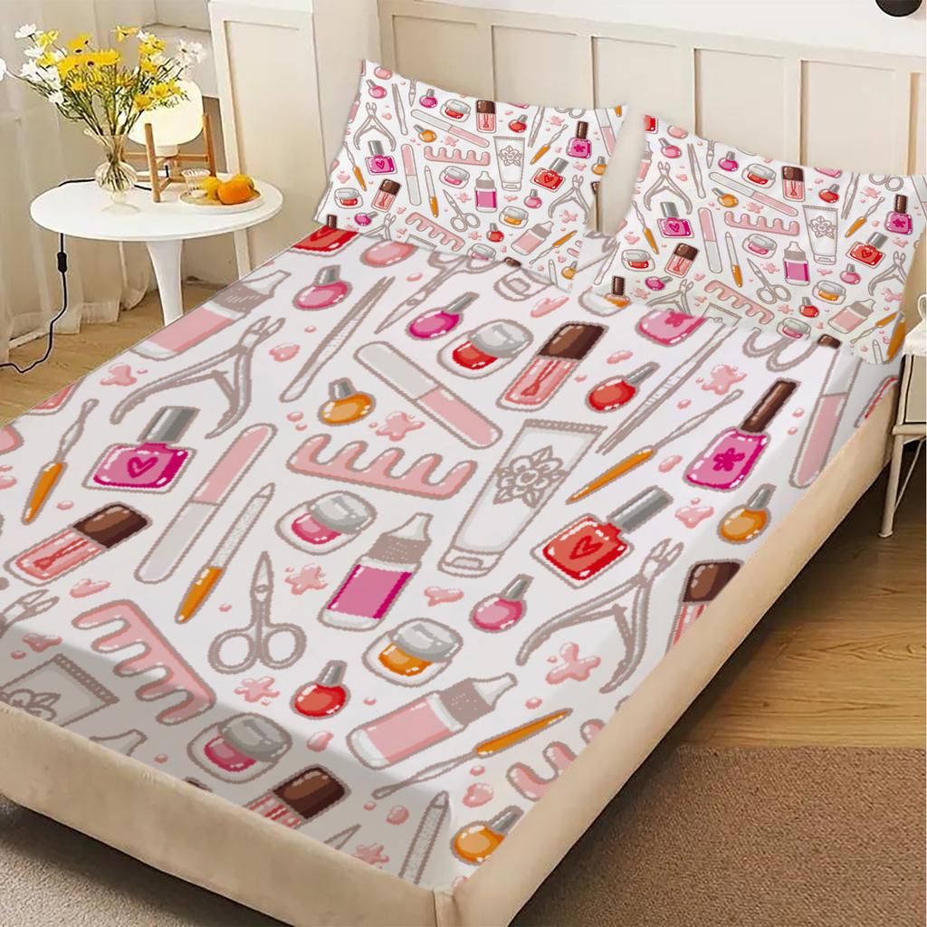 3pcs White Fitted Sheet Sets 100% Polyester For Girls Decor Nail Polish Tools And Hearts Printed Flat Sheet With 2Pillowcases