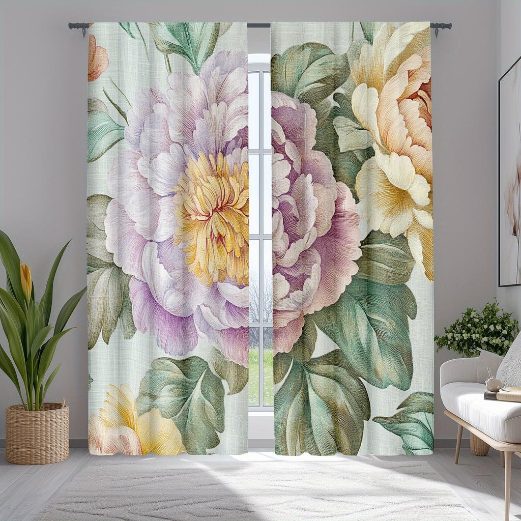 Set Of 2 Rural Pastel Curtains Floral Window Drapes Bedroom Farmhouse Thermal Made Polyester Treatment