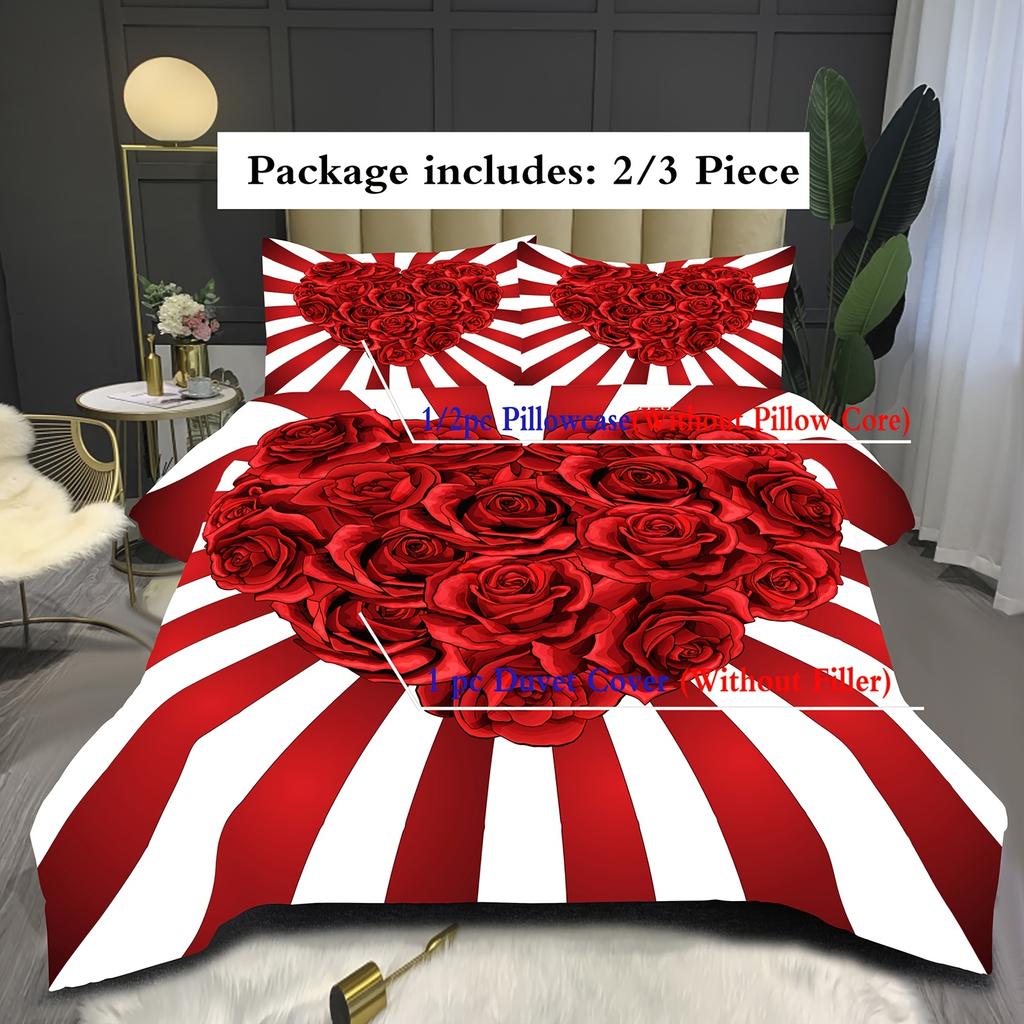Romantic Red Love Heart Duvet Cover Set, Soft Comfortable Polyester Bedding With Digital Print, All-Season, Machine Washable
