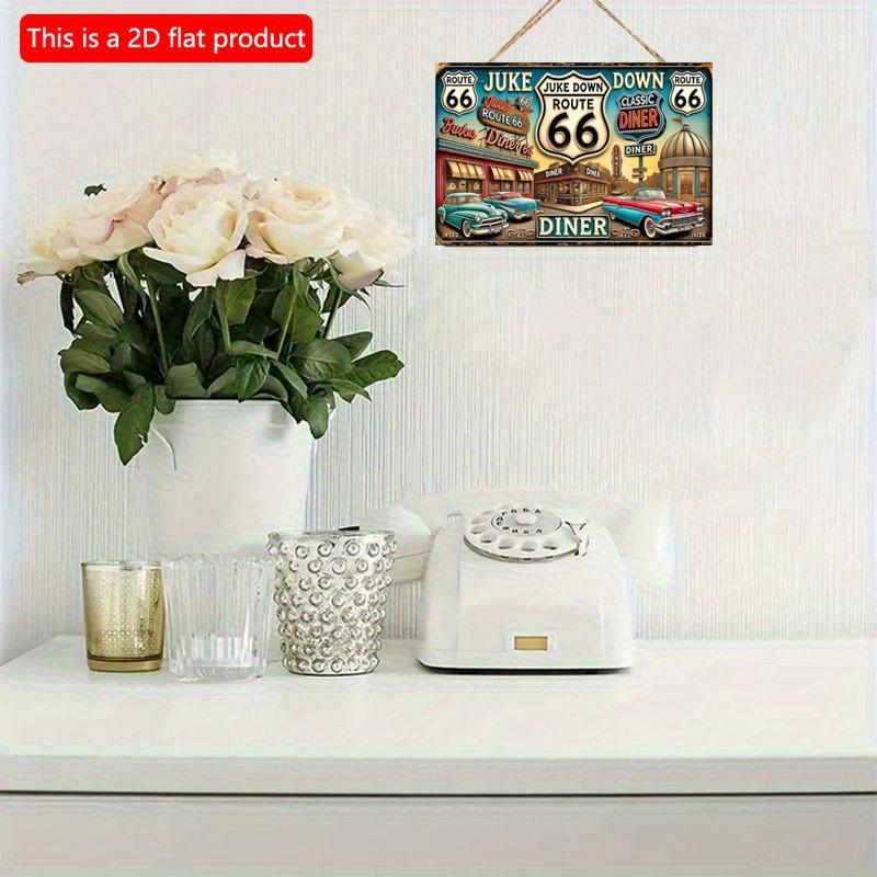 2D flat Wooden 30*20cm Vintage Route 66 Wooden Wall Sign - Retro Jukebox & Classic Diner Decorative Plaque with Flax Rope Hanger for Home, Bar, Cafe