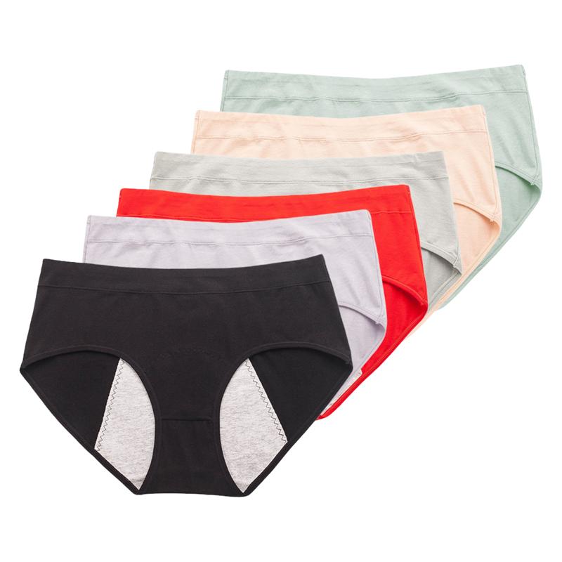 6PCS Ladies Leakproof Menstrual Panties Cotton Mid Rise Soft Breathable Daily Underwear
