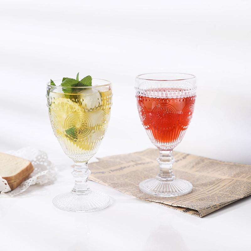 300Ml Goblet Ins Style Cocktail Glass High Foot Cup Embossed Sunflower Pattern Water Cups Juice Cup Coffee Cup For Kitchen Bar