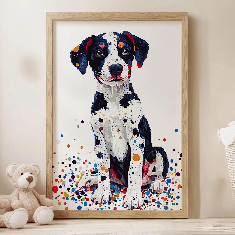 Plakat Z Psem W Kolorowej Mozaice Plakat Z Psem W Kolorowej Mozaice, 30X40 Cm, Rama Drewniana Biała, Papier Matowy 230 Gsm