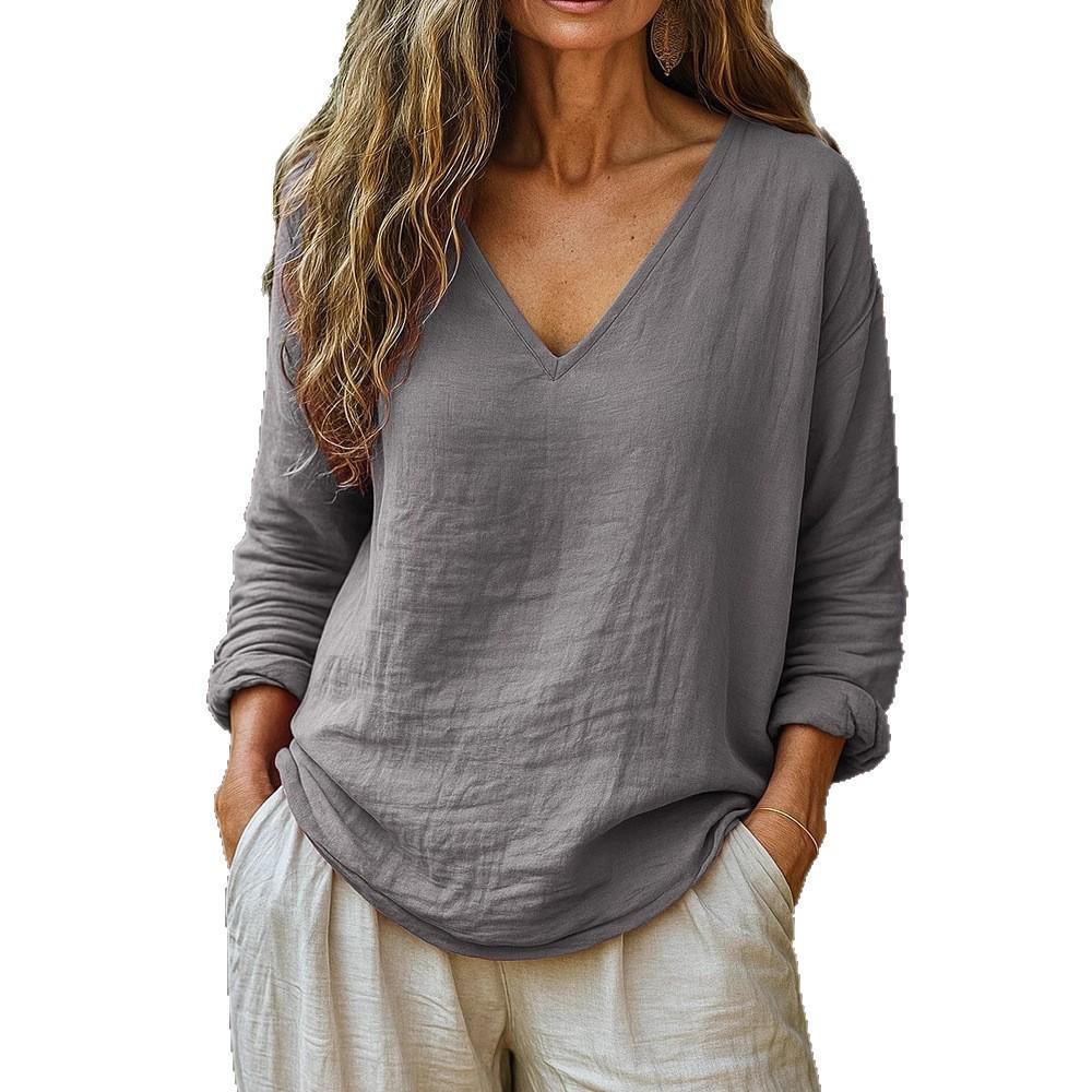 Spring 2026 Women's Casual Loose V-Neck Cotton Linen Long Sleeve Top