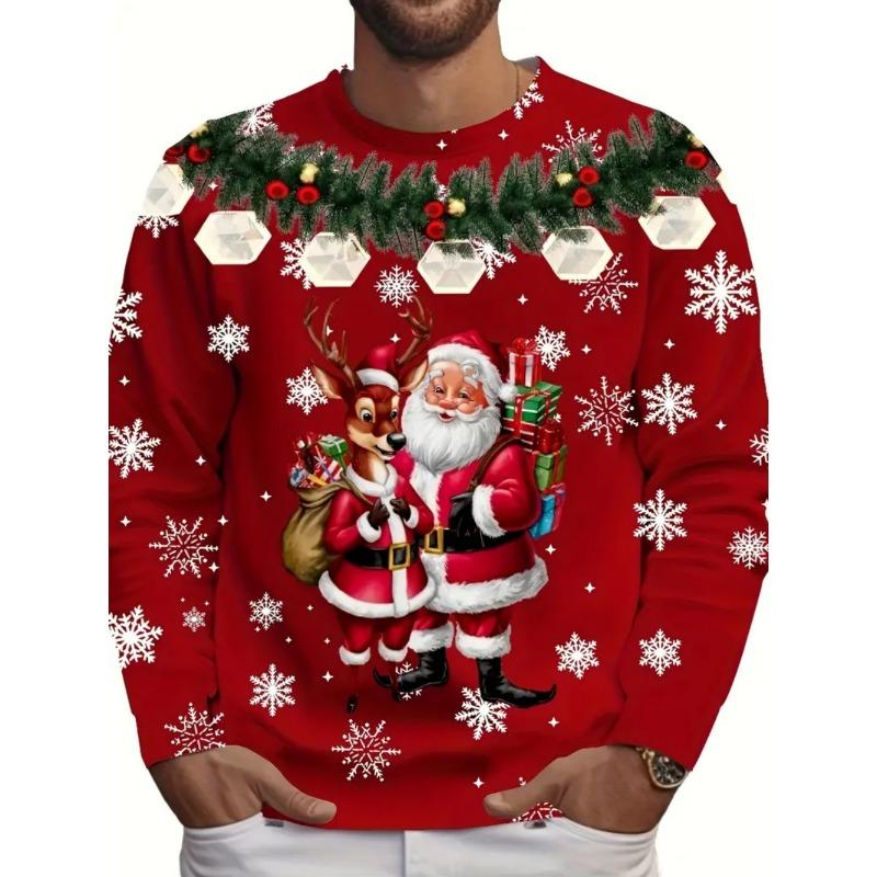 Men's T-Shirt Santa Claus 3D Print Christmas Men's Long Sleeve T-Shirts Casual Pullover Top Holiday Comfortable Men's Clothing