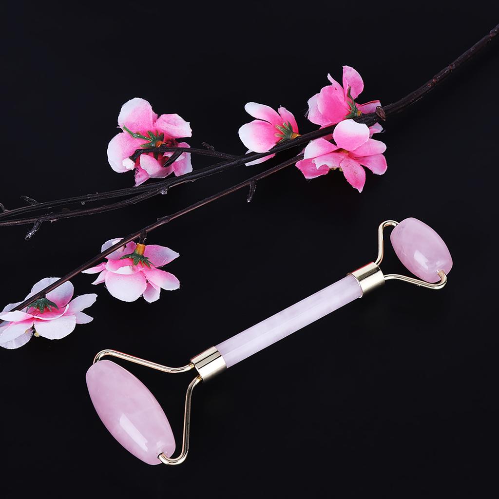 Natural Double Head Rose Quartz Jade Slimming Face Beauty Massage Roller (Gold)