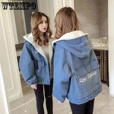 Fleece Denim Warm Cotton Coat Loose Hooded Plus Fleece Thick Lamb Wool Denim Jacket Women Loose Casual Warm Coat