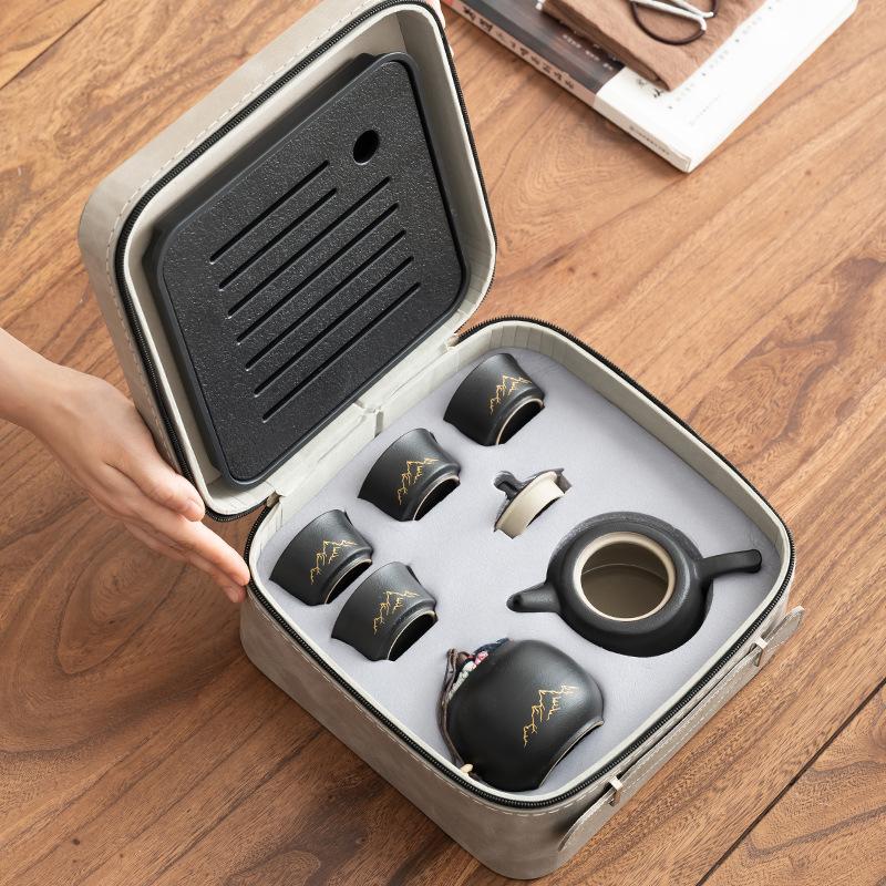 Kung Fu tea set, portable teapot for business trip, high-end light luxury travel outdoor tea tray small set