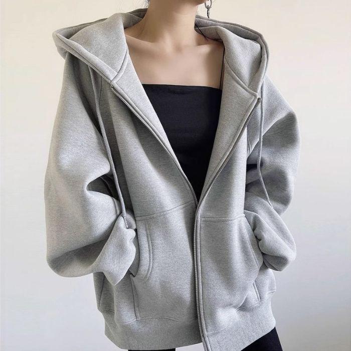 Women's Autumn/Winter Plus Velvet Zipper Cardigan Hoodie - Thick, American-Style, Loose Fit, Slimming Top