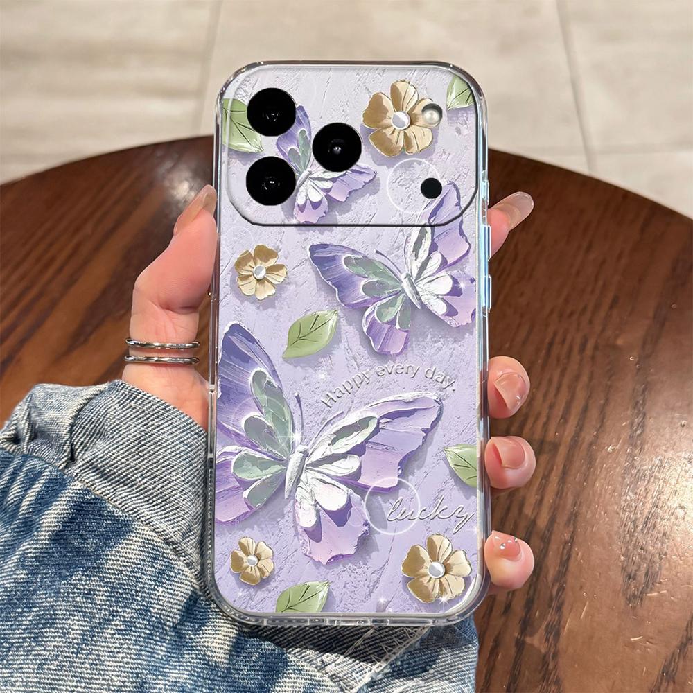 Transparent Clear Lavender Phone Case For Apple Iphone 17 Pro Max 16 15 14 Plus 17Air Rose Flower Oil Painting Shockproof Cover