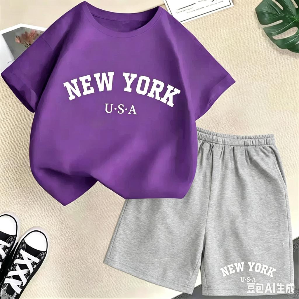 2026 New Kids Boys Girls New York Letter Pattern Polyester T-shirt+Shorts 2-Piece Set Casual Daily