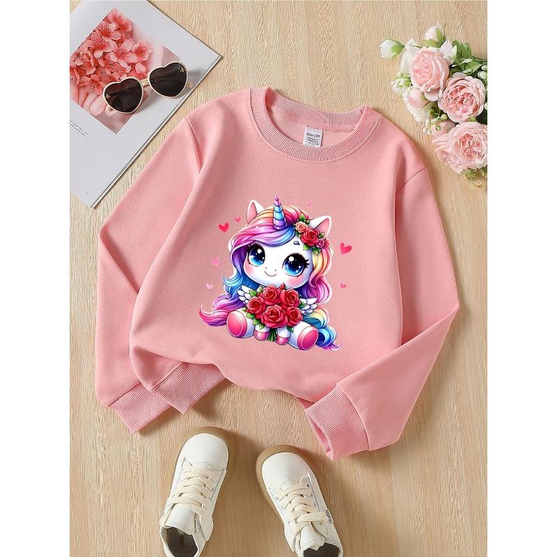 European sizes Crewneck Sweatshirt for Girls with Unicorn, Roses & Wings, Soft Comfy Sportswear for Casual Outings for Kids & Teens