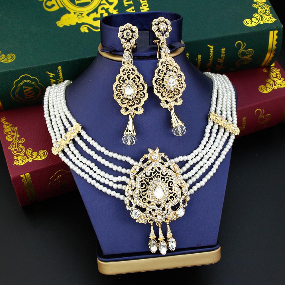 Gold Farbe Perlen Kette Halsband Halskette Kristall Braut Schmuck Set Tropfen Ohrring Frauen Hochzeit Bijoux