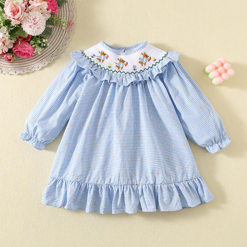 Girls Blue Plaid Smocked Dress With Cartoon Rabbit Embroidery Long Sleeve Cotton Heavy Craft Spring Autumn Kids Dress