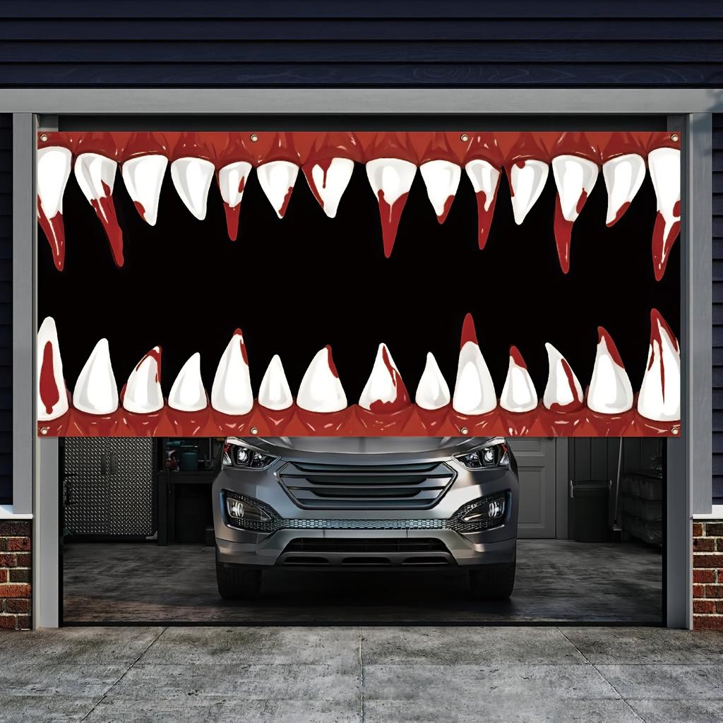 1 piece Halloween garage banner sharp teeth and blood mouth design 28 teeth outdoor garage festival decoration