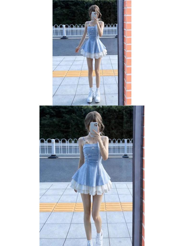 Elegant Plaid Bow Puffy Short Skirt Halter Dress for Women - Summer 2026