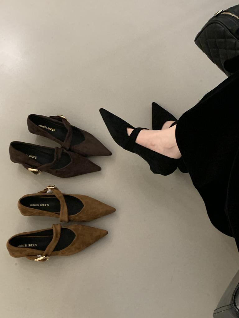 French Temperament Pointed Suede One-word Strap Single Shoes Women's Shoes 2025 Spring, Autumn and Winter Low-heeled Commuting Evening Shoes