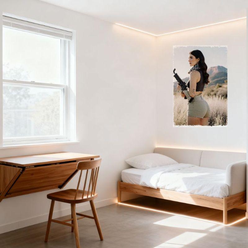 Sexy Woman Long Wavy Hair Dark Gray Crop Top High-Waisted Beige Shorts Black Rifle Tin Sign Vintage Metal Poster for Bar Pub Hom