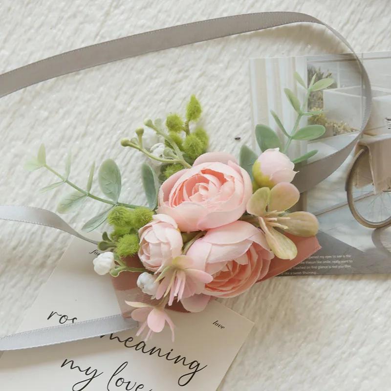 6pcs Pink Corsage Boutonniere Set for Bride Groom Bridesmaids Groomsmen Wedding Cerenony Homecoming Prom Suit Flowers