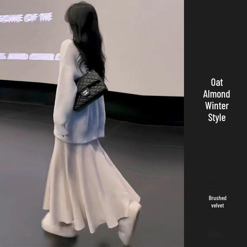Women's High-Waist Gray Fishtail A-line Skirt – Elegant, Slimming Elastic Waist for Spring/Autumn