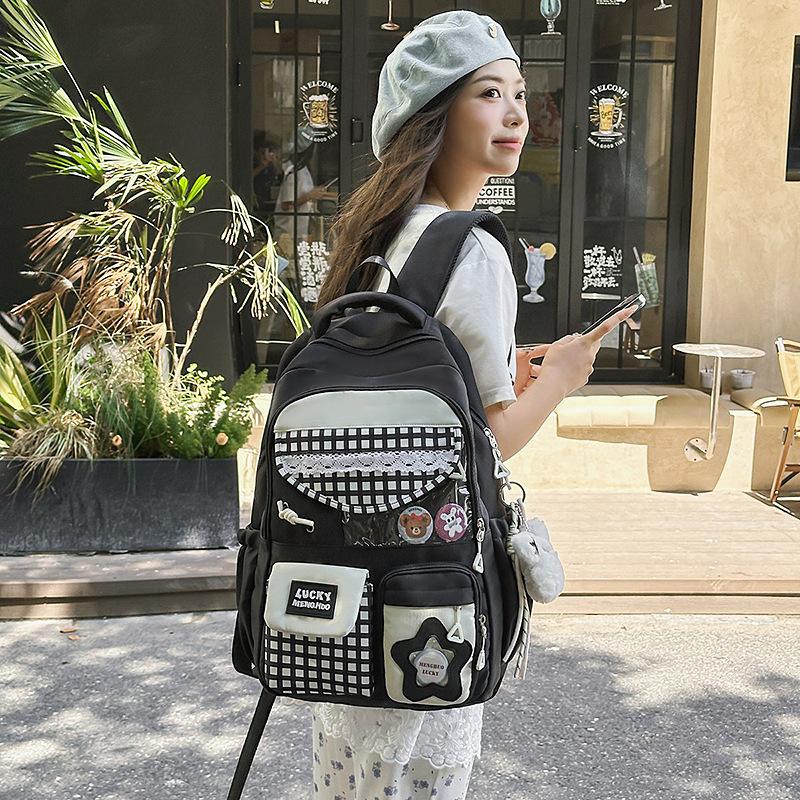 Plaid Backpack Junior High School Student Lightweight Schoolbag Color Block Large Capacity Backpack