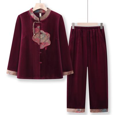 Mom's Spring & Autumn Gold Velvet Embroidered Tang Suit Set for Middle-Aged Women