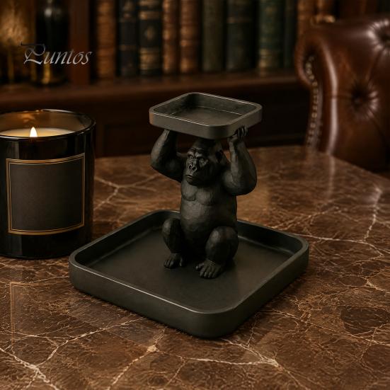 Desktop Organizer for Keys 3D Printed Gorilla Decorative Tray, Squatting Figure with Dual-Tier Storage Cool Desk Jewelry Small Trinkets, Creative