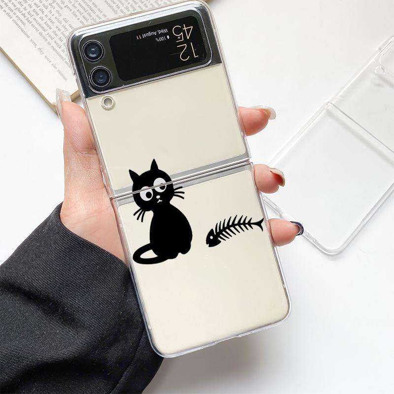 Funny Black Cat Fashion Phone Case For Samsung Galaxy Z Flip 3 4 5 6 7 Hard Folding Z Flip4 Clear PC Cover Protector Gift