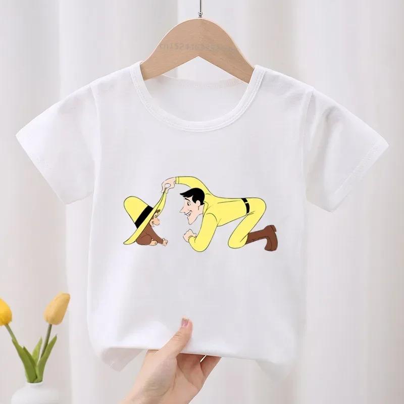 Curious George Roztomilý opičí potisk Dětské tričko Dětské oblečení Letní Oblečení pro holčičky Chlapecká trička s krátkým rukávem