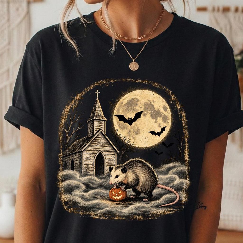 Vintage Opossum Halloween Shirt Cute Possum Pumpkin Tee Spooky Moon Comfort Colors Fall Graphic Tee Autumn Animal Lover Funny Wildlife Gift