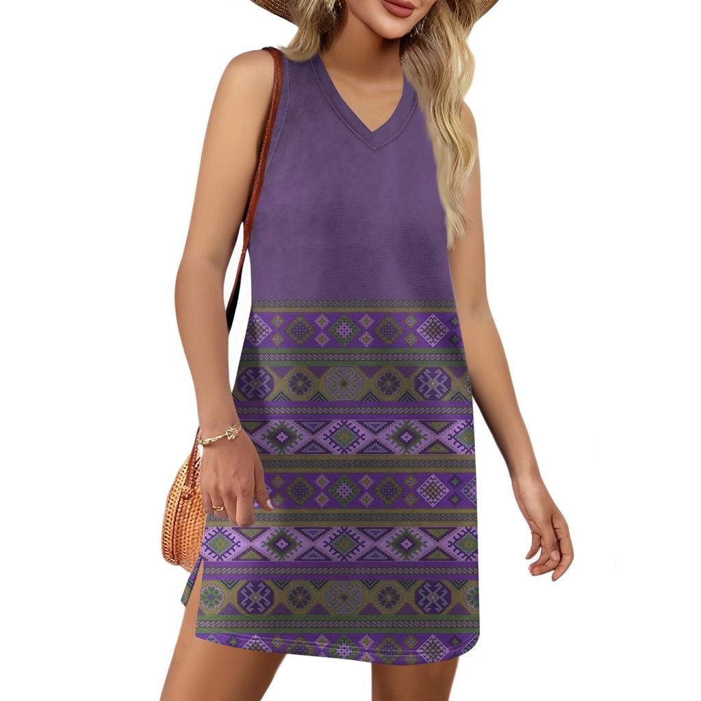 Women's V-neck Summer Casual Beach Vacation Women's Sleeveless Vintage Print Sundress