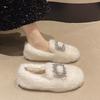 Soft Flat-bottomed One-pedal Fluffy Shoes for Women's 2025 Autumn and Winter New Rhinestone Square Buckle Doudou Shoes with Fleece Thermal Cotton Lad