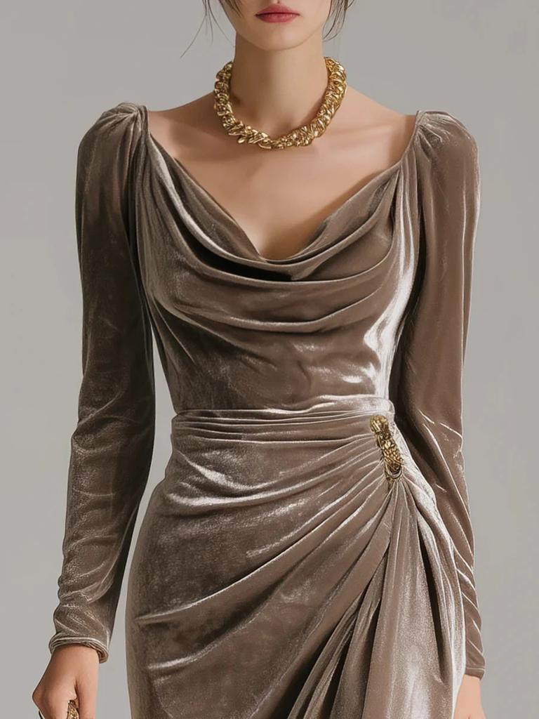 Vestido Cruzado Sexy Casual de Terciopelo para Mujer, Manga Larga, Ajustado, Desgastado, de Cintura Alta