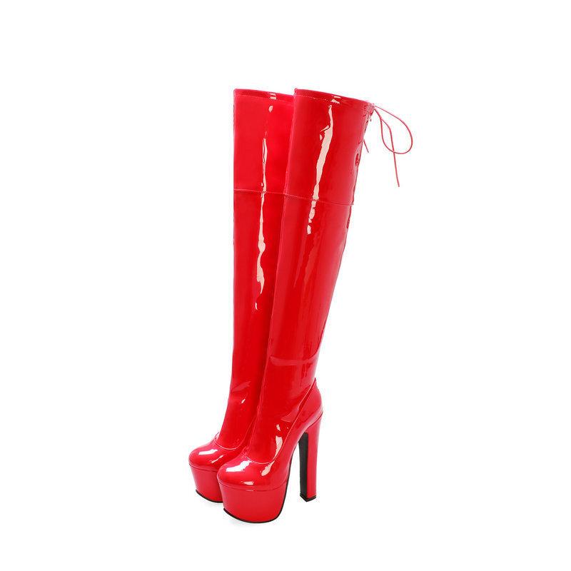 Herbst und Winter neue Kniestiefel superhoher Absatz wasserdichte Plateausohle rot Nachtclub seitlicher Reißverschluss Ritterstiefel Stiefel