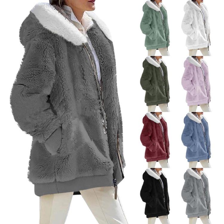 Women's Casual Solid Color Loose Plush Hooded Jacket With Pockets Zippered