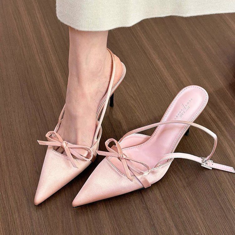 Cold and Gentle 2025 New Silver Pointed Bow Sandals Women's Summer One-word Stiletto Non-slip High Heels