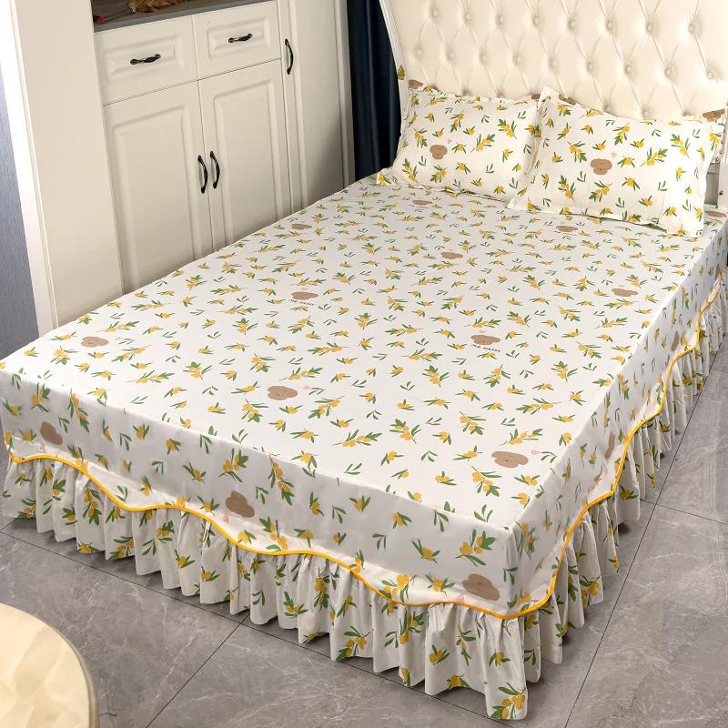 Falista koronkowa spódnica na łóżko Miękka i wygodna drukowana pościel Wzór roślinny Antypoślizgowa i pyłoszczelna narzuta na łóżko Pościel