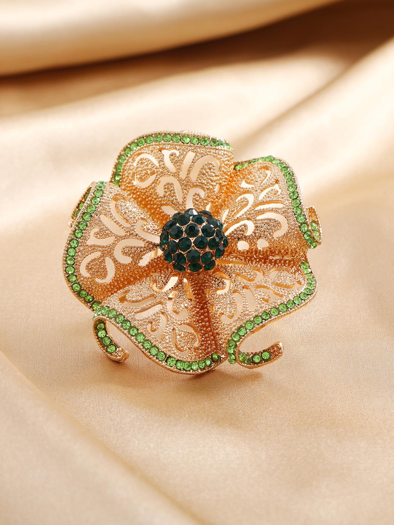 

Oversized Geometric Solid Flower Ring Adjustable Retro Fashion Bohemian Noble Women s Ring Cocktail Party Jewelry Gifts зелений
