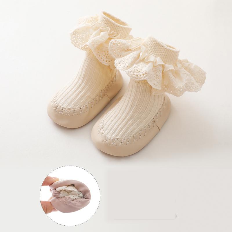Baby Girls Spring New PU Sole Floor Socks Non-Skid Infant Toddler  Lace Socks Shoes Princess High Quality Cotton Baby Shoes
