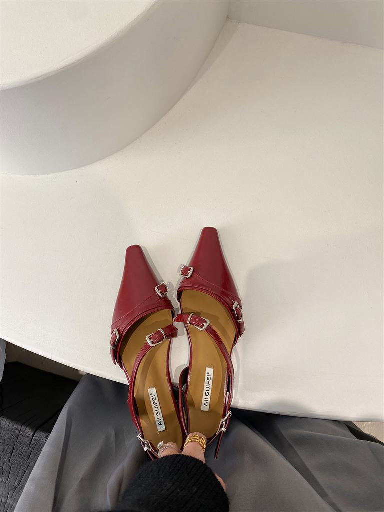 fashion Pointed Toe Women Sandals Flat Heeled Belt Buckle Elastic Back Strap Black Brown Red White 2024 New Arrivals Fashion Belt Buckle