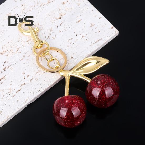 Keychain Bag Charm with Golden Shimmering Resin Cherries Hypoallergenic Steel Key Pendant Bag Wallet Accessory