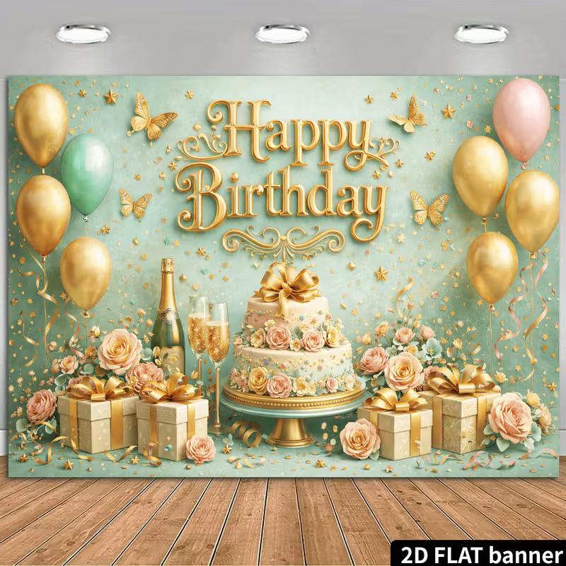 2D Gold Letter Happy Birthday Backdrop Banner Green Floral Party Background