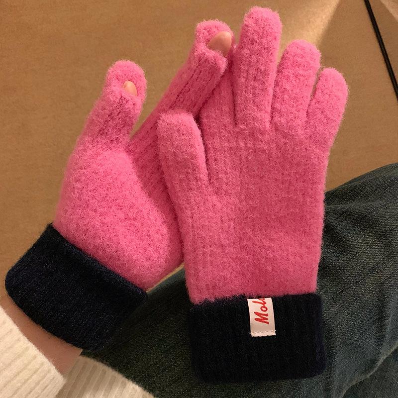 Knitted plush gloves women s touch screen plush warm and thickened cold-proof Korean woolen gloves