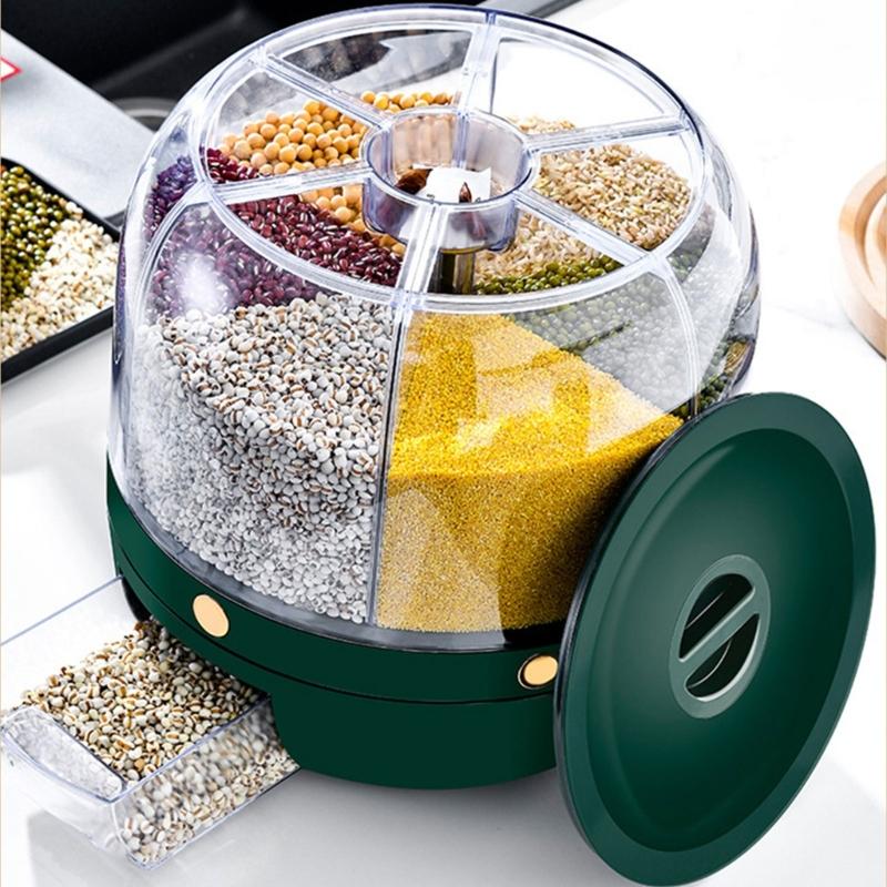 Household Grains Storage Container with 6 Unit Convenient Dry Cereal Organizers Bucket Sealed Rotating Rice Dispenser