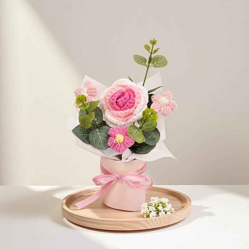 1PC Puff Permanent Rose Valentine's Day Knitted DIY Artificial Flower Gift Handmade Elegant Bouquet Romantic