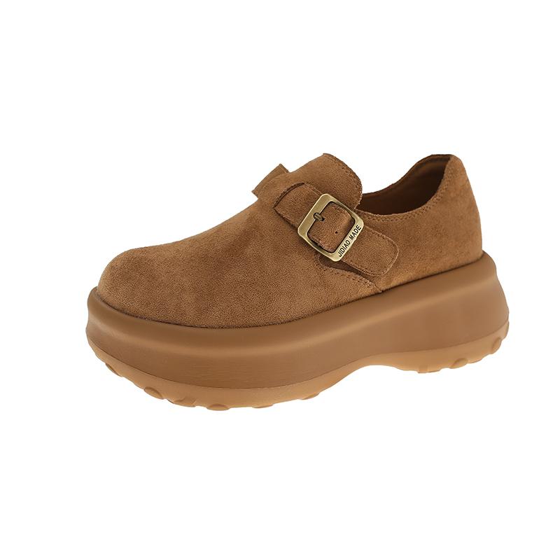 One Buckle Platform Wedge Single Spring and Autumn Round Toe Deep Mouth Bull Suede Non-Slip Low Top Shoes