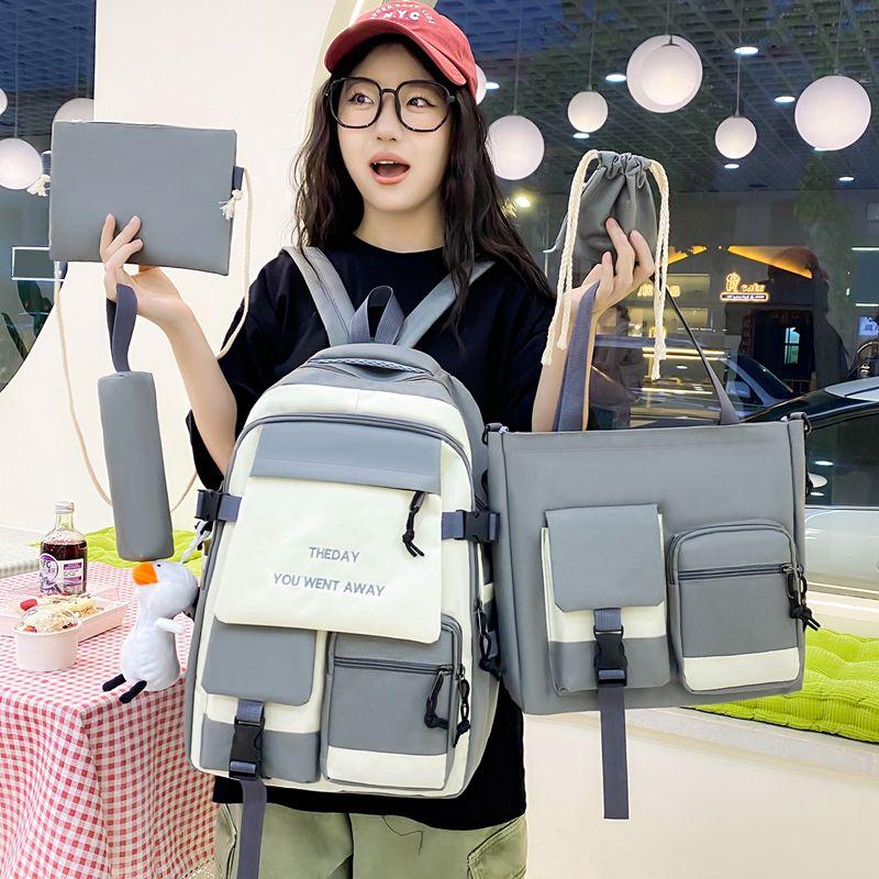 5pcs Backpack Junior High School Students Elementary School Students College Large Capacity, Versatile, Campus Leisure, Dirt Resistant Backpack