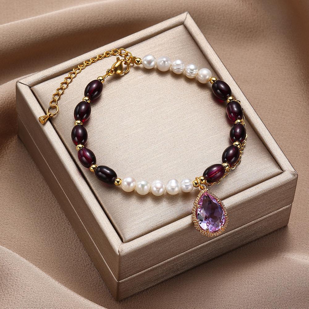 Purple natural stone bracelet, accessory, natural stone freshwater pearl retro bracelet, retro style, freshwater pearl bracelet