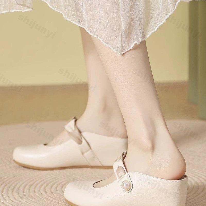 Fashion Fashion Concise Mary Jane Single Shoes Women's Summer 2025 New Slip On Comfortable Half Slippers Inner Height Increasing Sandals