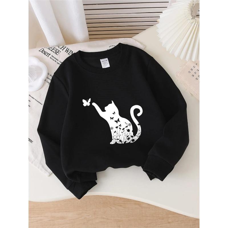 European sizes Kids' Crewneck Sweatshirt - Cat Silhouette with Butterflies And , Sportswear And Casual Wear, Soft And Comfortable, Children's Clothing